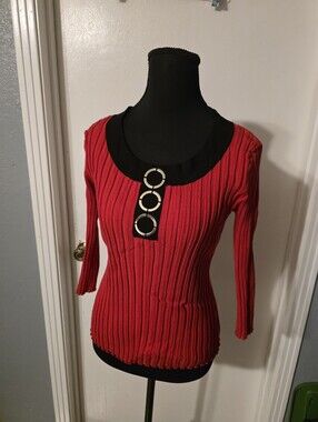 Red Ribbed Long Sleeve Top with Decorative Ring Accents